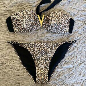 2pcs Swim Leopard Print Bandeau Bikini Set
